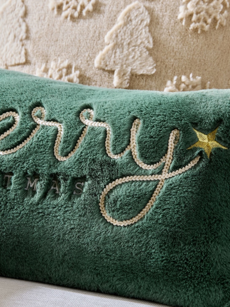 Dark Green Merry Christmas Embroidered Faux Fur Rectangular Cushion - Image 2 of 5
