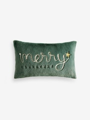 Dark Green Merry Christmas Embroidered Faux Fur Rectangular Cushion - Image 3 of 5