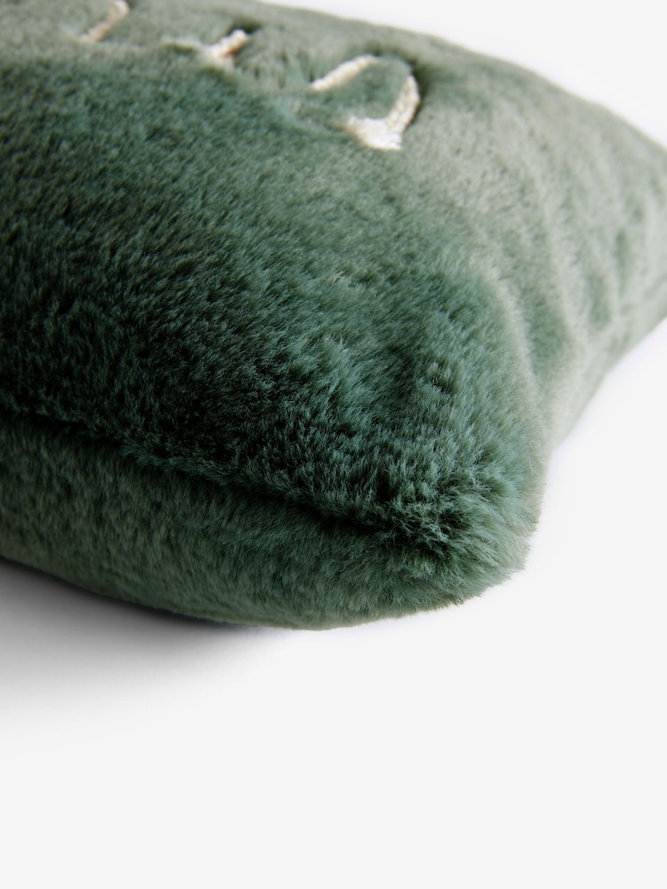 Dark Green Merry Christmas Embroidered Faux Fur Rectangular Cushion - Image 5 of 5