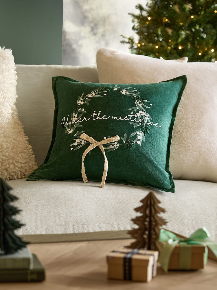 Green Under the Mistletoe Christmas Cushion - Image 1 of 4