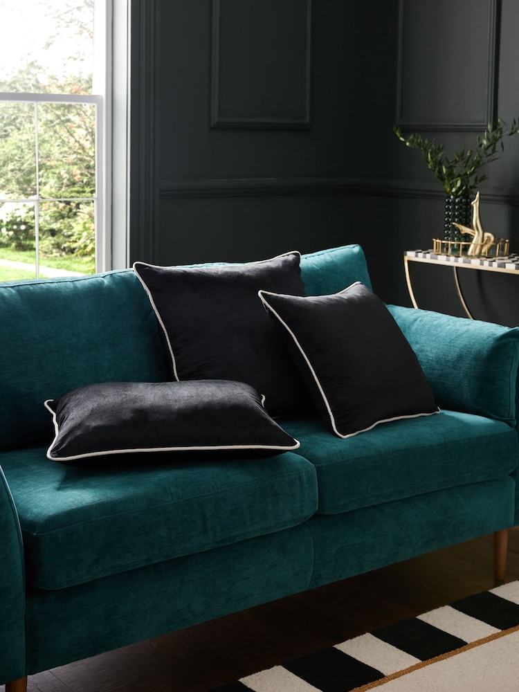 Black 40 x 59cm Matte Velvet Contrast Pipe Cushion - Image 2 of 6