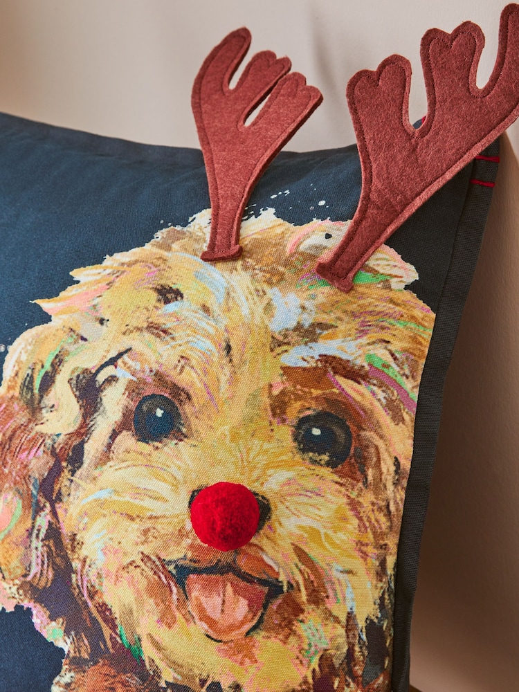 Navy Blue Christmas Cockapoo Cushion - Image 2 of 5