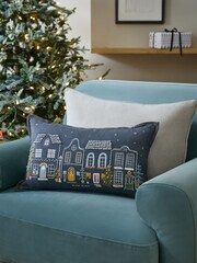 Charcoal Grey 100% Cotton Christmas Houses French Knot Rectangular Cushion - Image 1 of 6