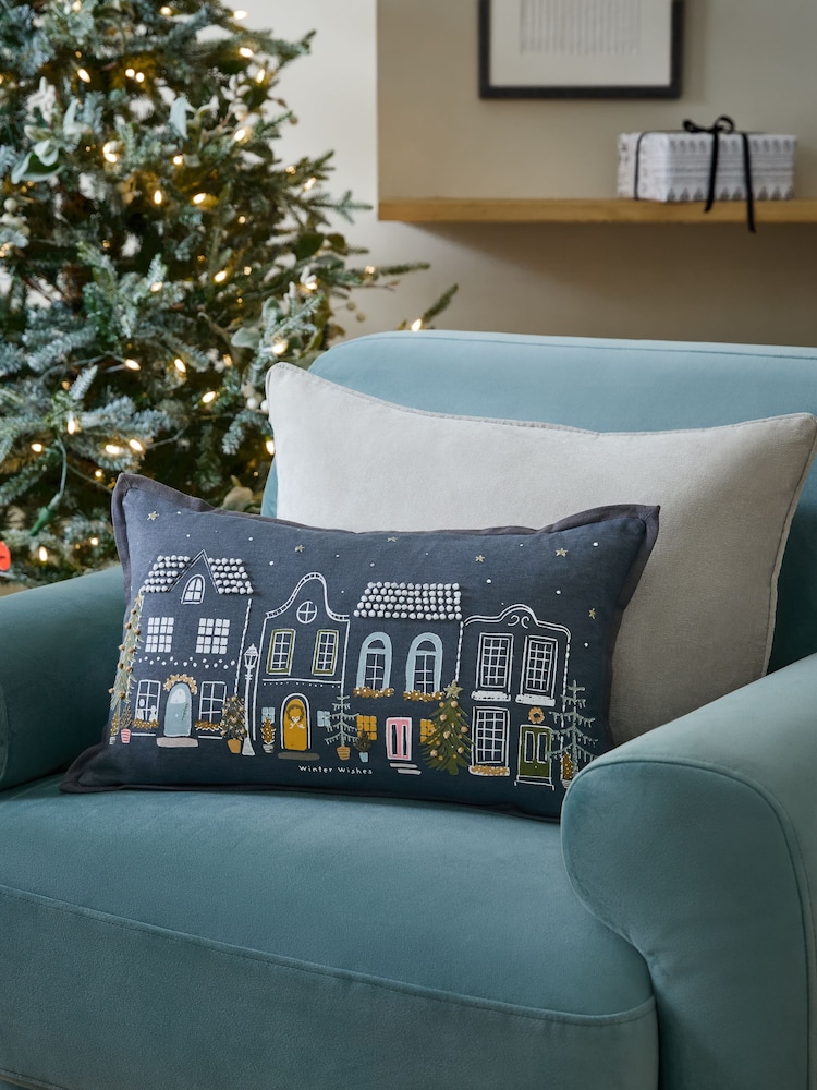 Charcoal Grey 100% Cotton Christmas Houses French Knot Rectangular Cushion - Image 1 of 6