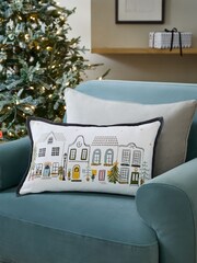 Charcoal Grey 100% Cotton Christmas Houses French Knot Rectangular Cushion - Image 2 of 6