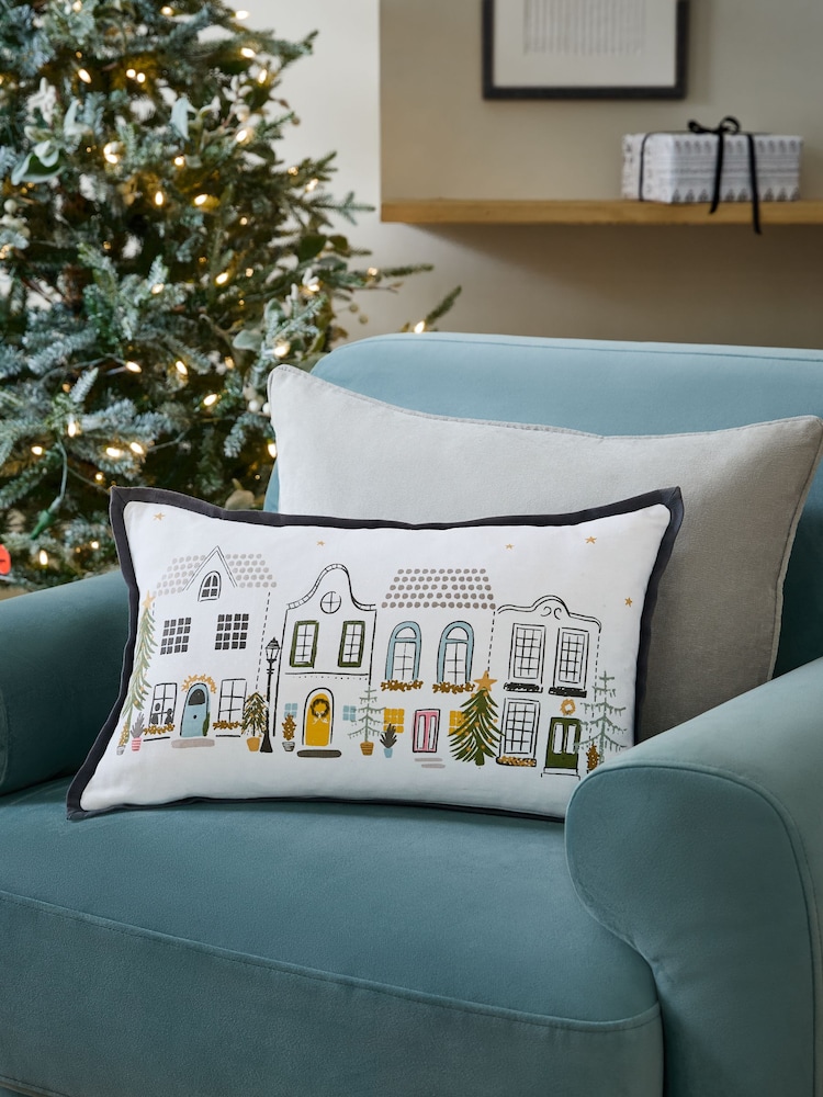 Charcoal Grey 100% Cotton Christmas Houses French Knot Rectangular Cushion - Image 2 of 6