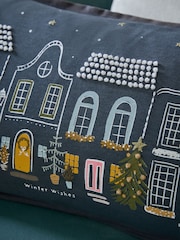 Charcoal Grey 100% Cotton Christmas Houses French Knot Rectangular Cushion - Image 3 of 6