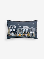 Charcoal Grey 100% Cotton Christmas Houses French Knot Rectangular Cushion - Image 4 of 6