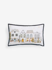 Charcoal Grey 100% Cotton Christmas Houses French Knot Rectangular Cushion - Image 5 of 6