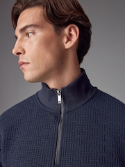 Navy Blue Zip Neck Premium Texture Crew Sweatshirt - Image 1 of 8