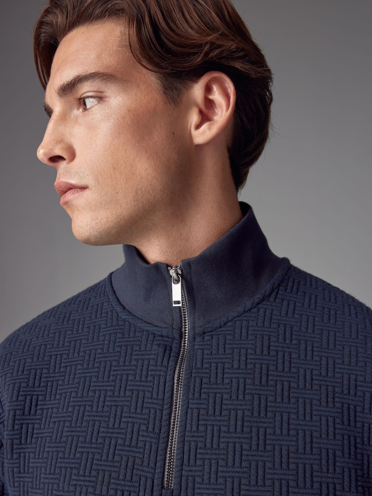 Navy Blue Zip Neck Premium Texture Crew Sweatshirt - Image 1 of 8