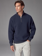 Navy Blue Zip Neck Premium Texture Crew Sweatshirt - Image 2 of 8