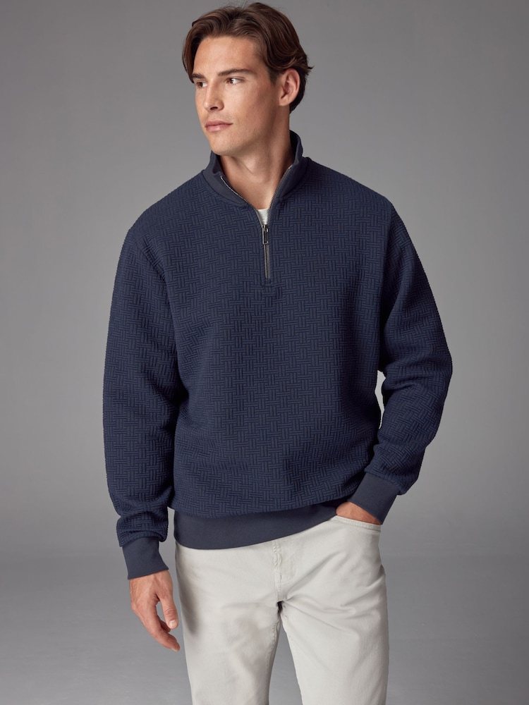 Navy Blue Zip Neck Premium Texture Crew Sweatshirt - Image 2 of 8