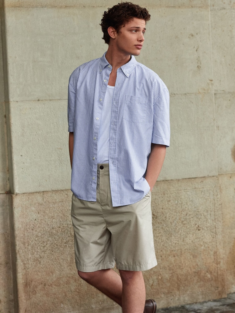 Blue 100% Cotton Stripe Short Sleeve Oxford Shirt - Image 1 of 7