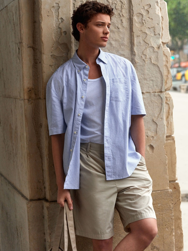 Blue 100% Cotton Stripe Short Sleeve Oxford Shirt - Image 2 of 7
