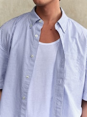 Blue 100% Cotton Stripe Short Sleeve Oxford Shirt - Image 4 of 7