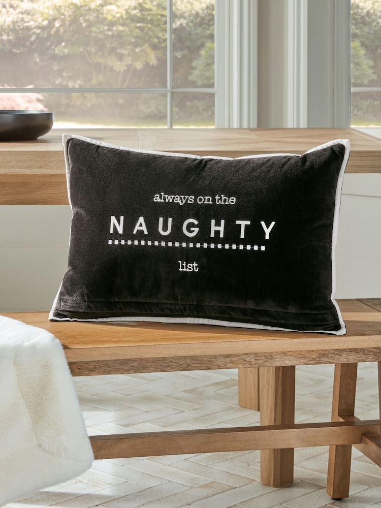 Black/White Naughty or Nice Reversible Velvet Rectangular Christmas Cushion - Image 1 of 6
