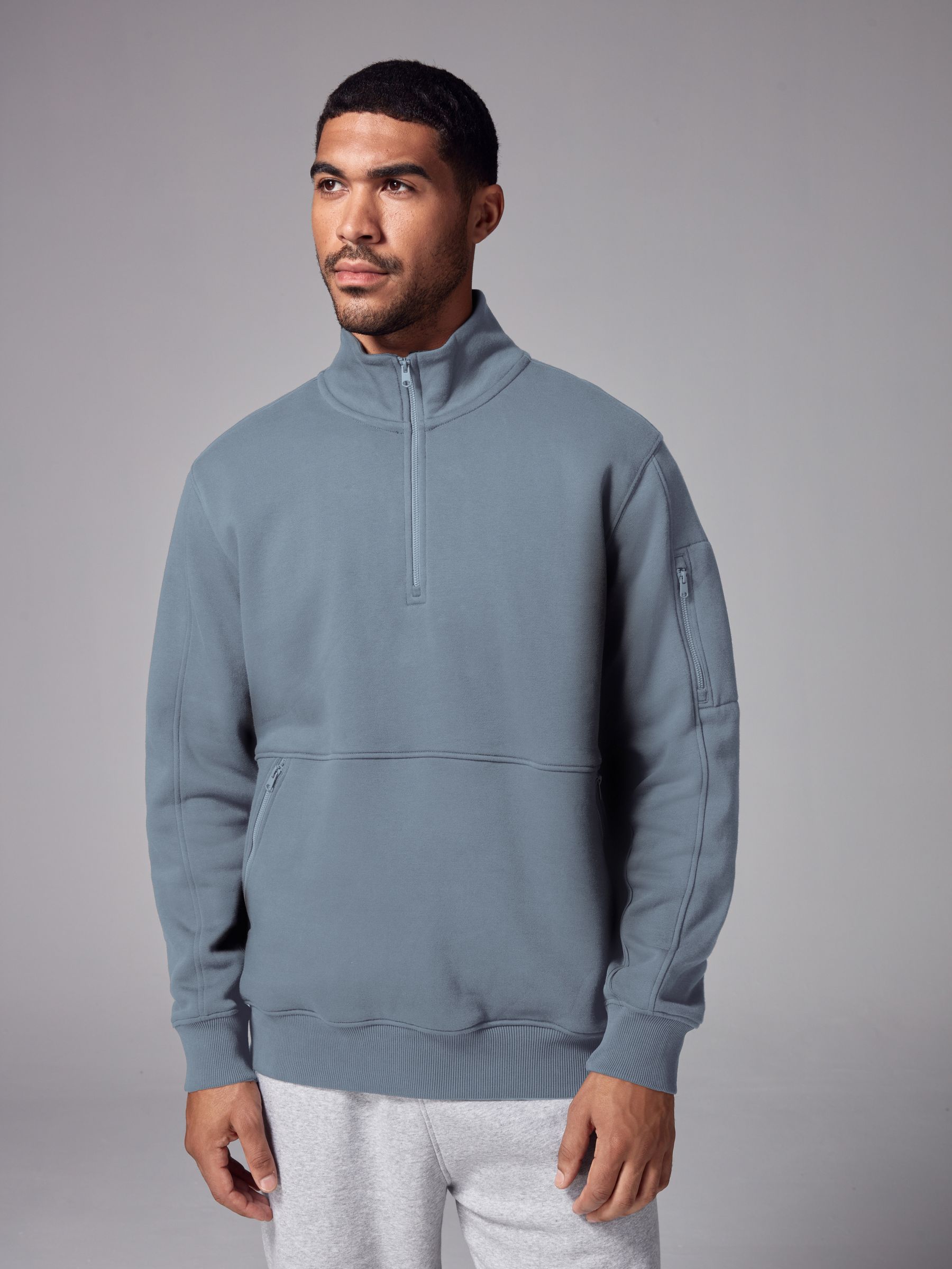 Grey Zip Neck Utility Sweat Top