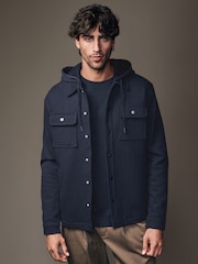 Navy Blue Borg Lined Popper Shacket with Hood - Image 1 of 12