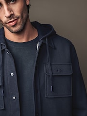Navy Blue Borg Lined Popper Shacket with Hood - Image 6 of 12