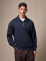 Navy Blue Quarter Zip Neck Funnel Sweatshirt - Image 1 of 7