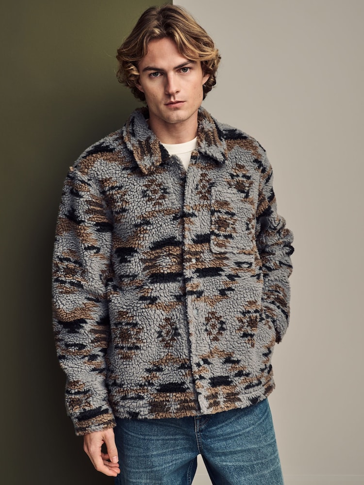 Grey Printed Fleece Shacket - Image 1 of 11