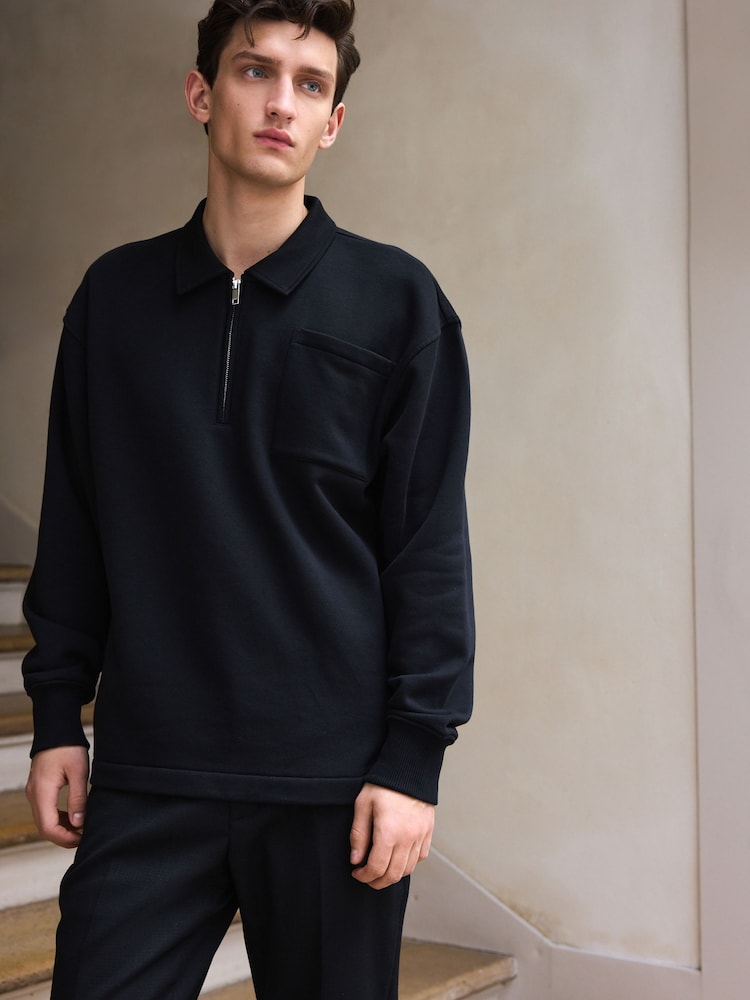 Black Polo Neck Jersey Cotton Rich Zip Neck Sweatshirt - Image 1 of 8 Black Polo Neck Jersey Cotton Rich Zip Neck Sweatshirt - Image 1 of 8