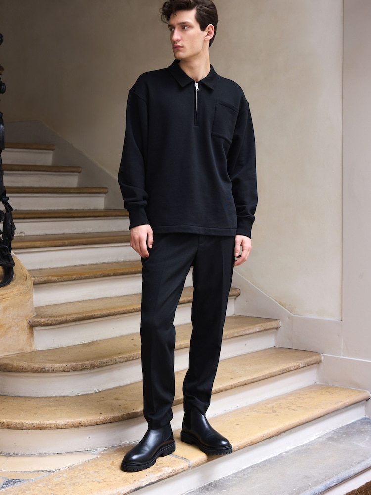 Black Polo Neck Jersey Cotton Rich Zip Neck Sweatshirt - Image 2 of 8 Black Polo Neck Jersey Cotton Rich Zip Neck Sweatshirt - Image 2 of 8