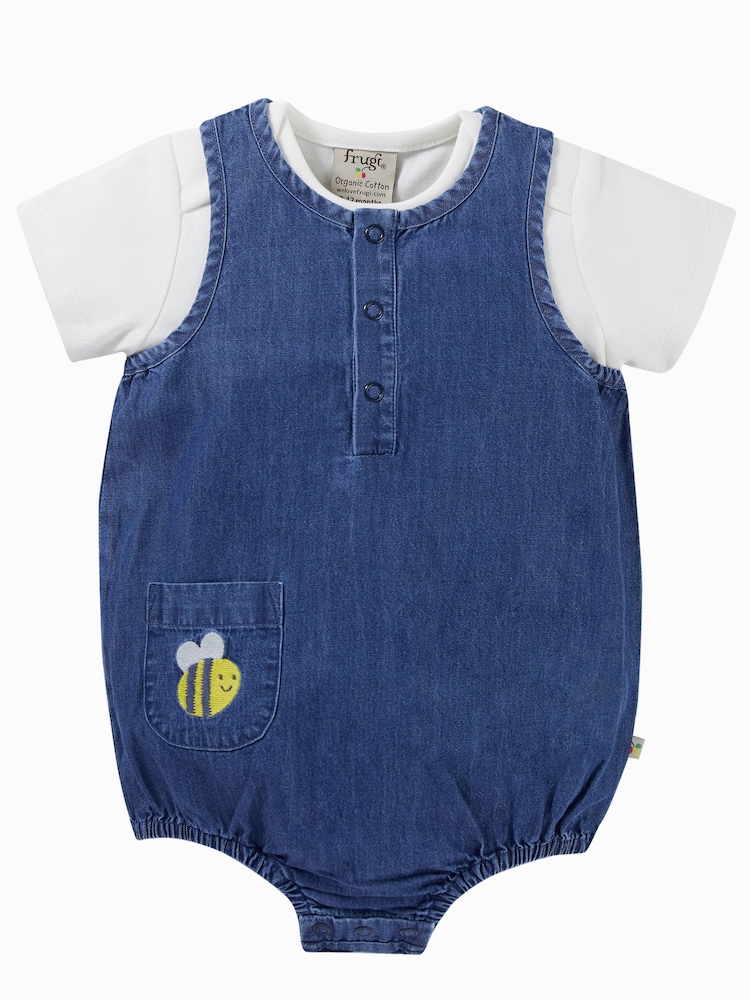 Pelele de tejido cambray azul con apliques de abeja de algodón Frugi - Imagen 1 de 3