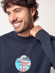 Navy Blue Crew Sweatshirt Hokusai Christmas Sweatshirt - Image 4 of 9