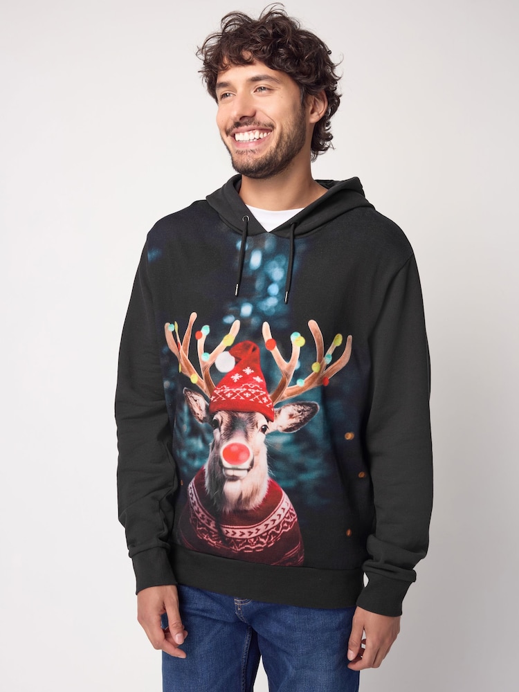 Black Reindeer 100% Cotton Christmas Tree Hoodie - Image 1 of 7