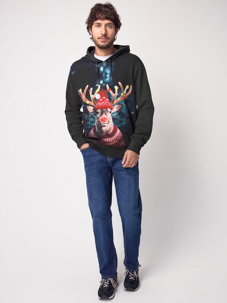 Black Reindeer 100% Cotton Christmas Tree Hoodie - Image 2 of 7