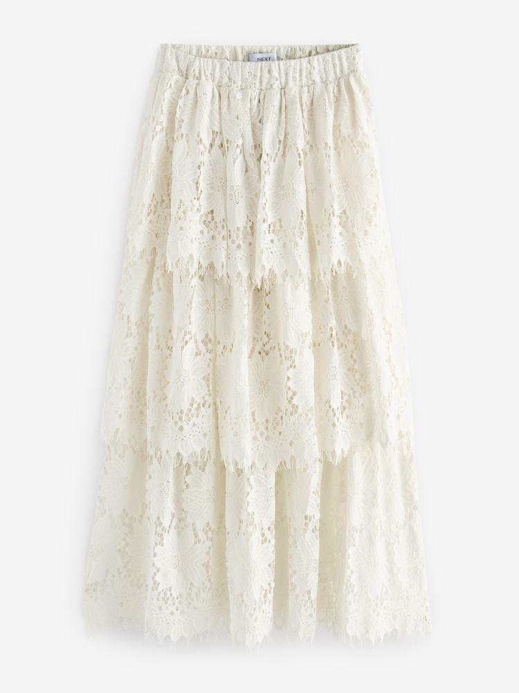 Cream Lace Tiered Maxi Skirt - Image 2 of 3