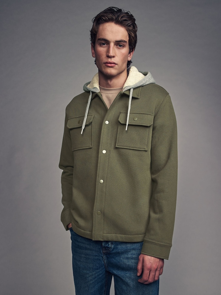 Khaki Green Borg Lined Popper Shacket with Hood - Image 1 of 10
