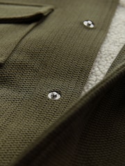 Khaki Green Borg Lined Popper Shacket with Hood - Image 10 of 10