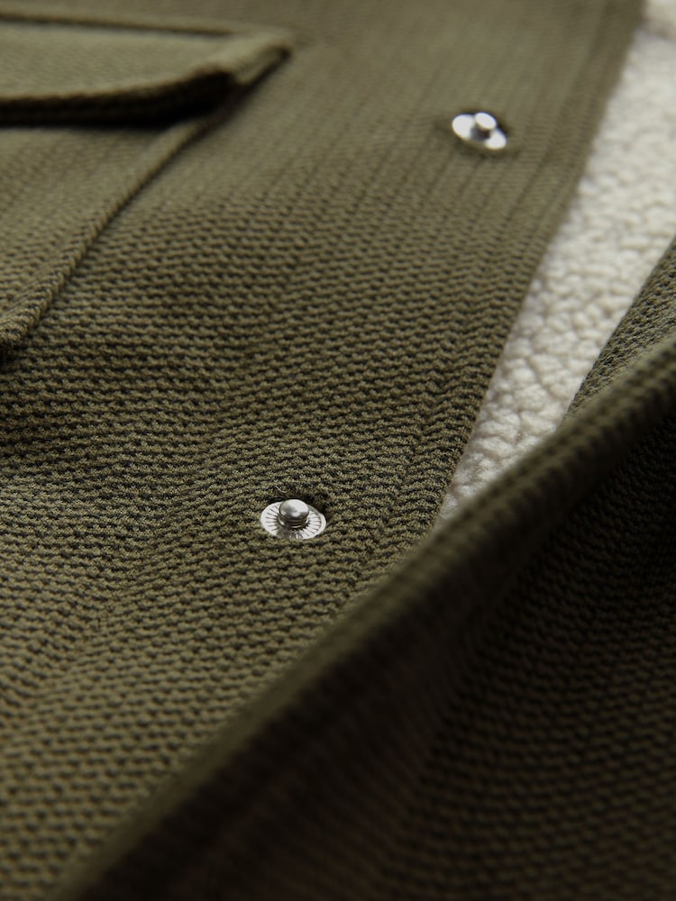 Khaki Green Borg Lined Popper Shacket with Hood - Image 10 of 10
