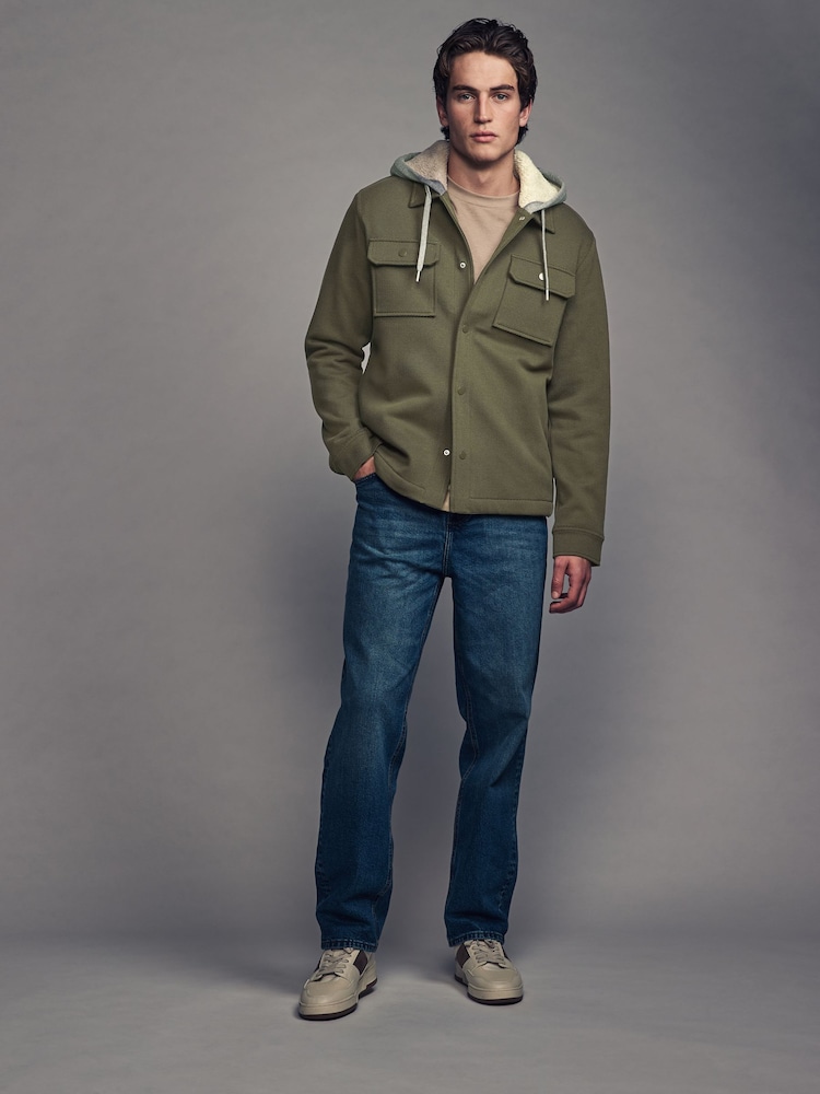Khaki Green Borg Lined Popper Shacket with Hood - Image 2 of 10
