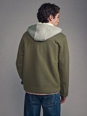 Khaki Green Borg Lined Popper Shacket with Hood - Image 3 of 10