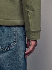 Khaki Green Borg Lined Popper Shacket with Hood - Image 4 of 10