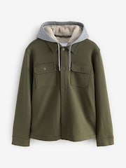 Khaki Green Borg Lined Popper Shacket with Hood - Image 5 of 10
