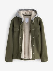 Khaki Green Borg Lined Popper Shacket with Hood - Image 6 of 10