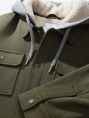 Khaki Green Borg Lined Popper Shacket with Hood - Image 7 of 10