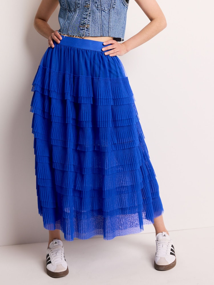 Cobalt Blue Mesh Tulle Midi Skirt - Image 2 of 6