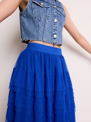 Cobalt Blue Mesh Tulle Midi Skirt - Image 4 of 6