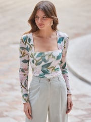 Sosandar Cream Square Neck Mesh Top - Image 1 of 6