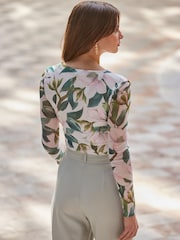 Sosandar Cream Square Neck Mesh Top - Image 3 of 6