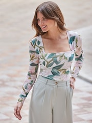 Sosandar Cream Square Neck Mesh Top - Image 4 of 6