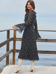Sosandar Black Asymmetric Frill Midaxi Dress With Fluted Cuff - Image 3 of 6