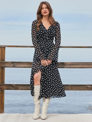 Sosandar Black Asymmetric Frill Midaxi Dress With Fluted Cuff - Image 4 of 6