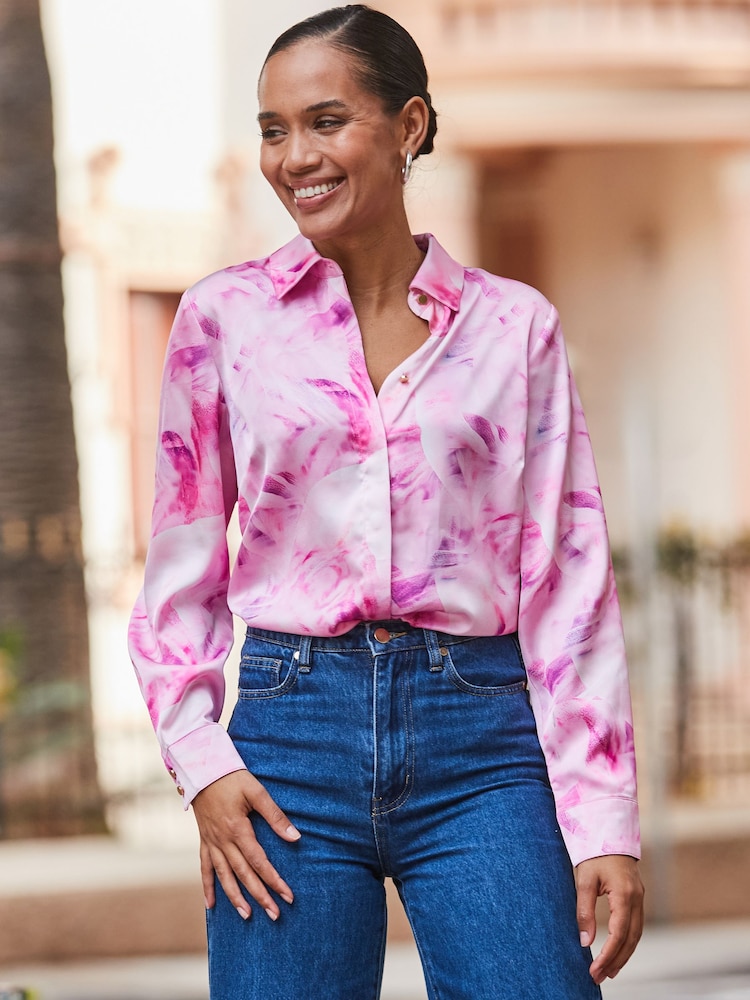 Sosandar Pink Petite Conversational Satin Shirt - Image 1 of 5